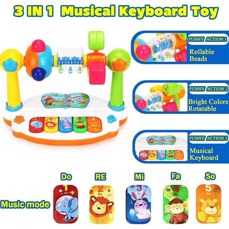 Educational toddler toy: a musical piano keyboard with interactive lights and sounds for infants' fun.