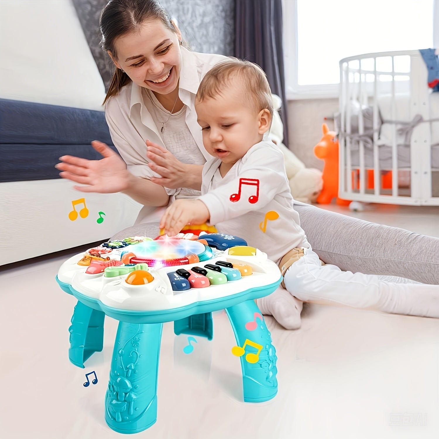 Happy toddler playing with a bright Musical Play Table, learning sounds and coordination