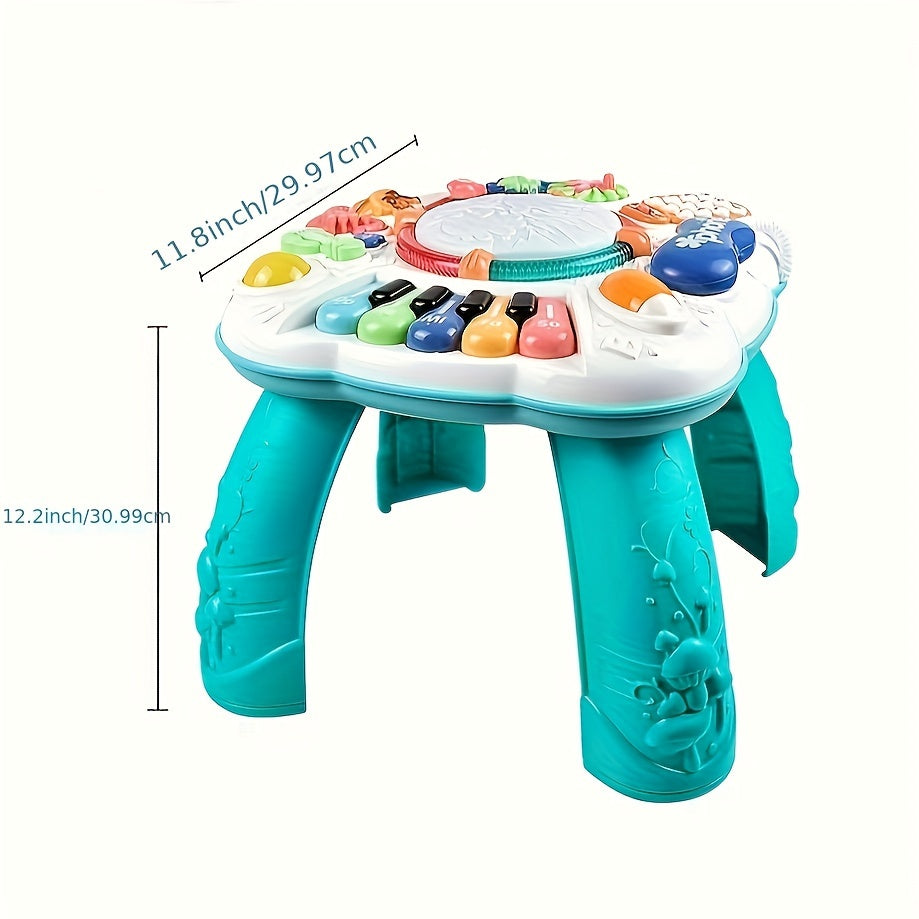 Close-up of a Toddler Musical Play Table showing various buttons, gears, and a mini piano