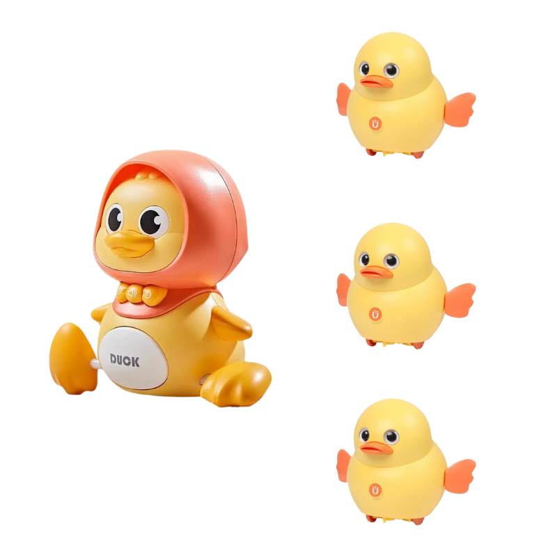 Bright yellow musical duck toy with mommy duck and three ducklings, engaging toddler toy