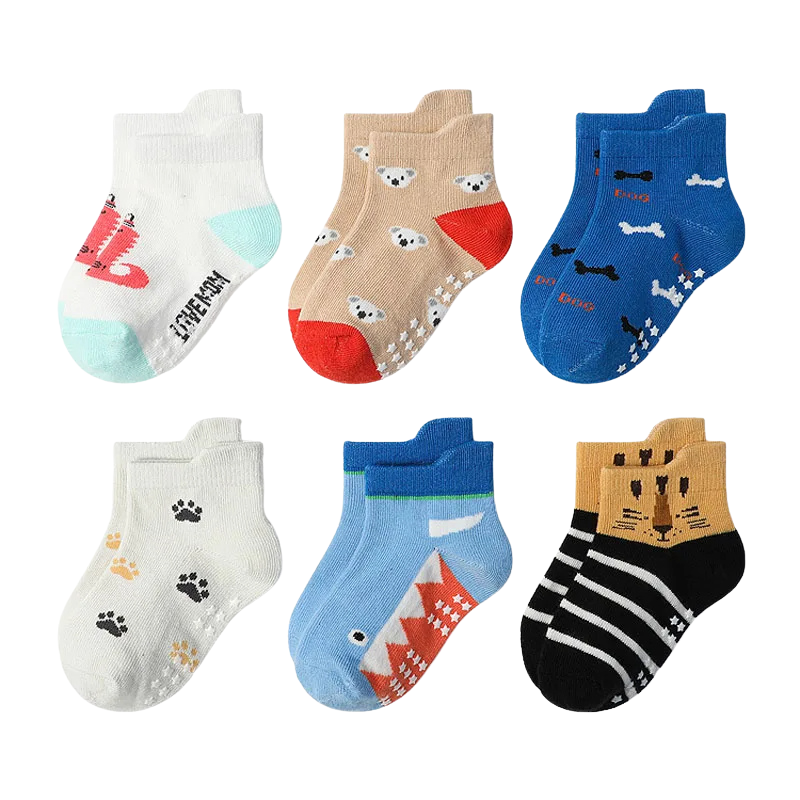 Colorful children's animal print socks, designed with non-slip soles for safe toddler footwear.