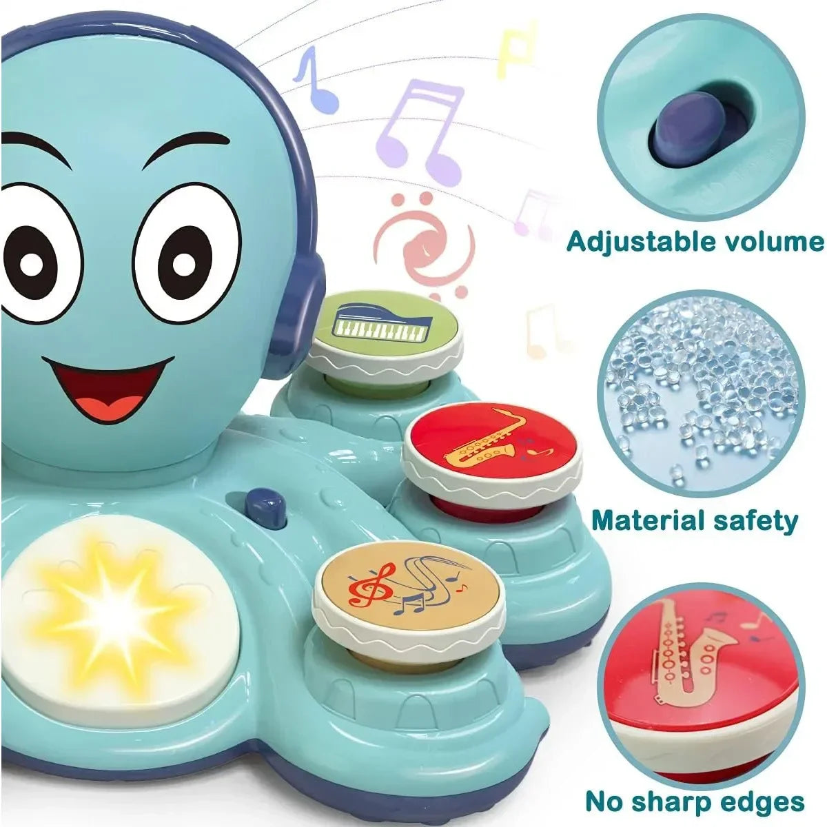Close-up of a smiling octopus musical toy, featuring various instruments for young children.
