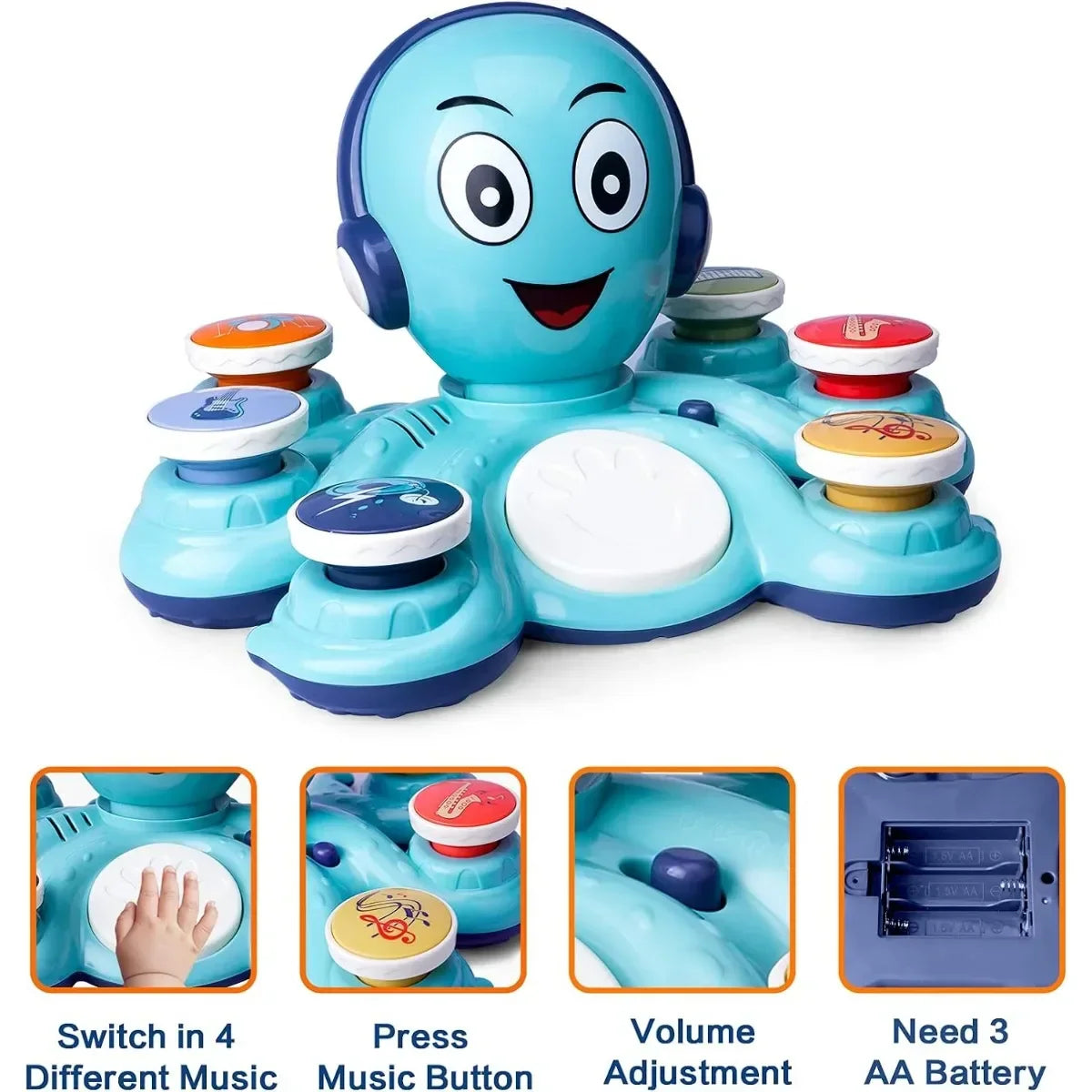 Child playing with an Octopus Musical Learning Toy, pressing buttons & enjoying the melodies.