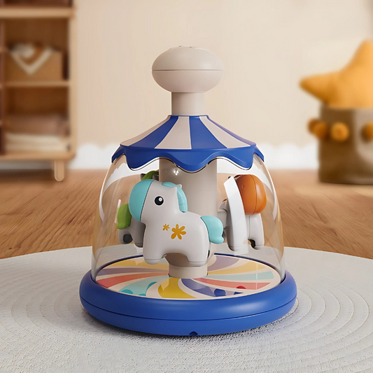 Toddler on a colorful engaging spin stable carousel toy, enhancing motor skills and sensory play