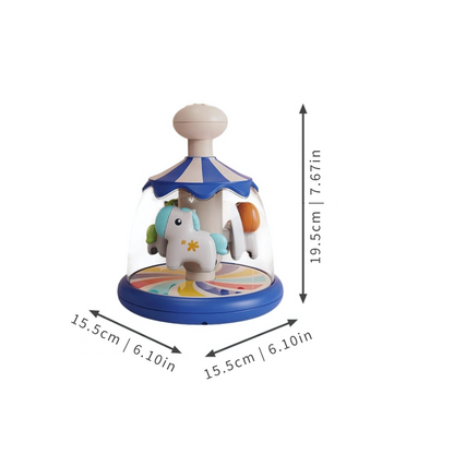 Infant enjoying a push toy carousel, an educational baby gift for developing spinning and motor skills