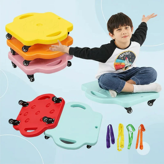 Toddler on a colorful kids balance board for motor skill development and sensory play