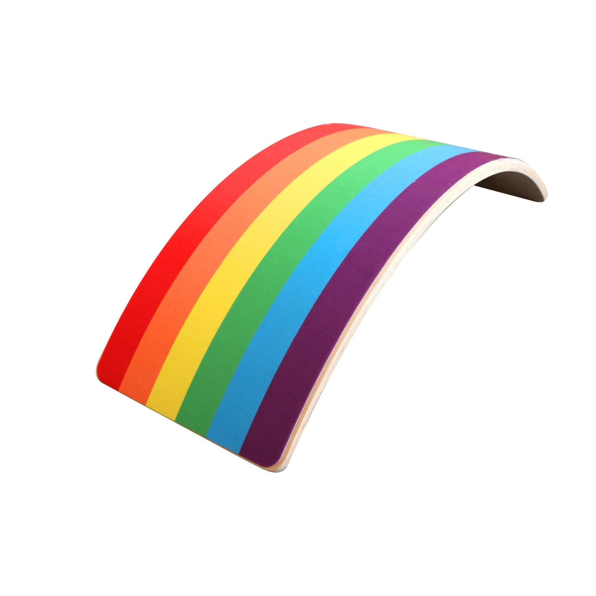 Toddler on a curved wooden balance board, enhancing motor skills & active play, rainbow trim
