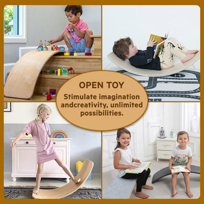 Close-up of a sturdy, curved wooden balance board, perfect for toddler balance training & fun