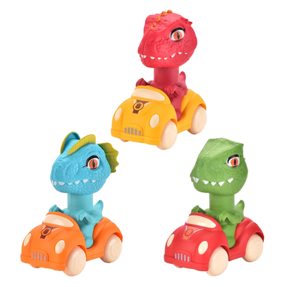 Close-up of a ZoomDino interactive push car toy, showing textured details and glowing LED lights.