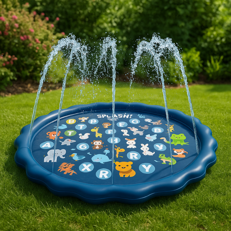 Toddler on alphabet splash pad, learning letters & enjoying summer water play outdoors.