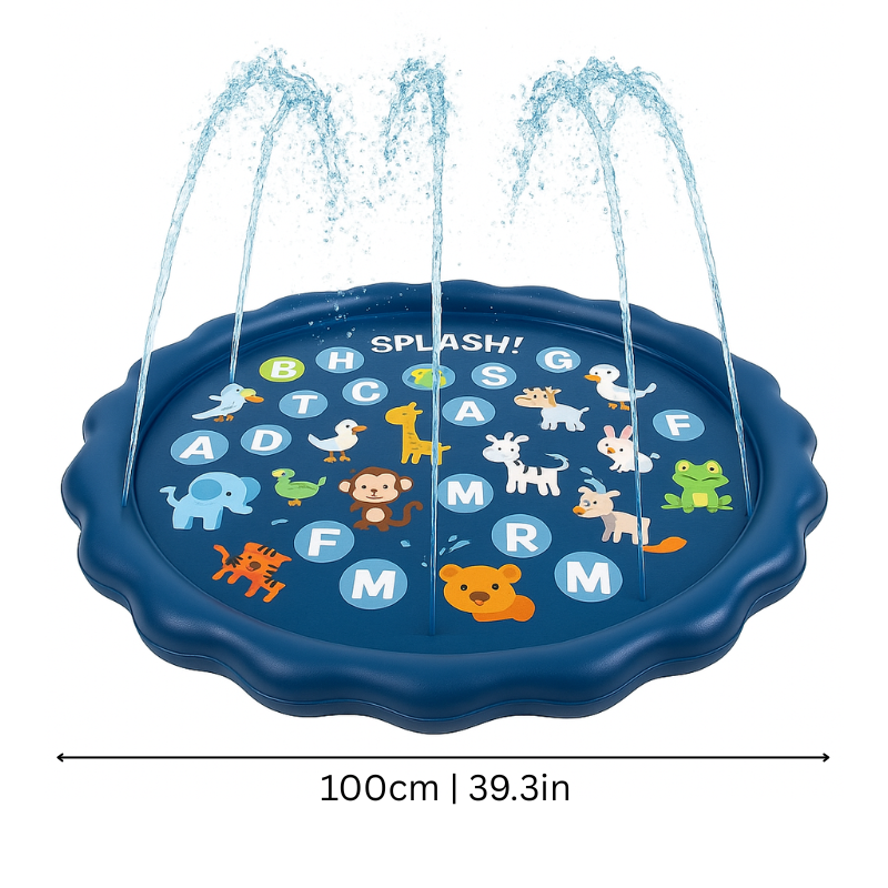Kids outdoor alphabet splash play mat with built-in sprinklers, perfect for toddler summer fun.