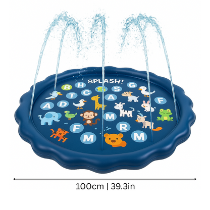 Kids outdoor alphabet splash play mat with built-in sprinklers, perfect for toddler summer fun.