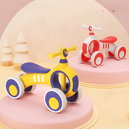 Toddler on musical light-up balance bike walker with glowing wheels, promoting sensory play and balance.