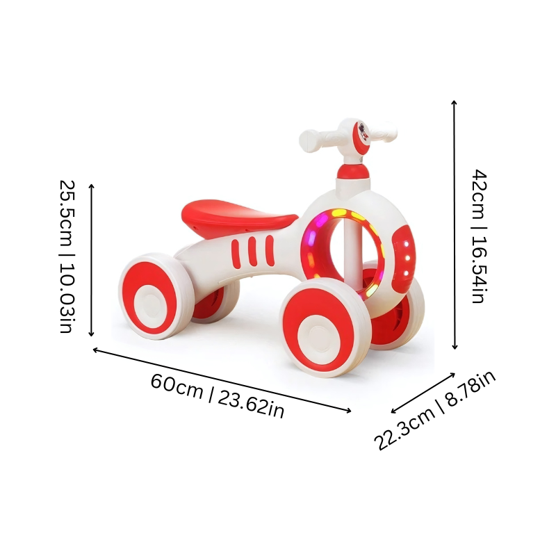Kids' developmental balance bike walker with light-up features and musical buttons for active learning.