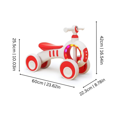 Kids' developmental balance bike walker with light-up features and musical buttons for active learning.