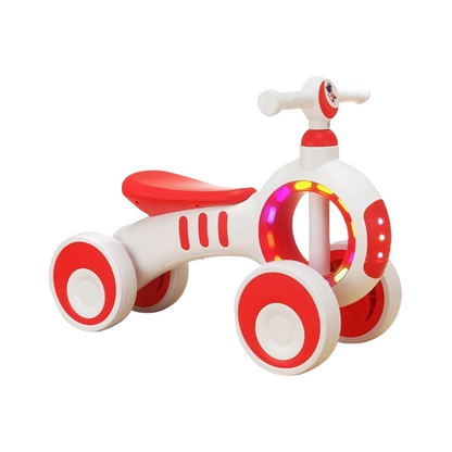 Bright red balance bike walker for toddlers, featuring musical sounds and flashing lights for engaging play.