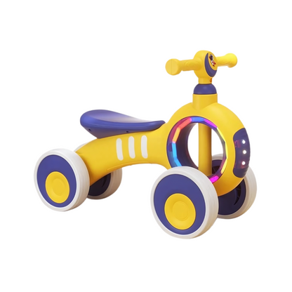 Child enjoying indoor play with a light-up balance bike walker, a musical toy for early development.