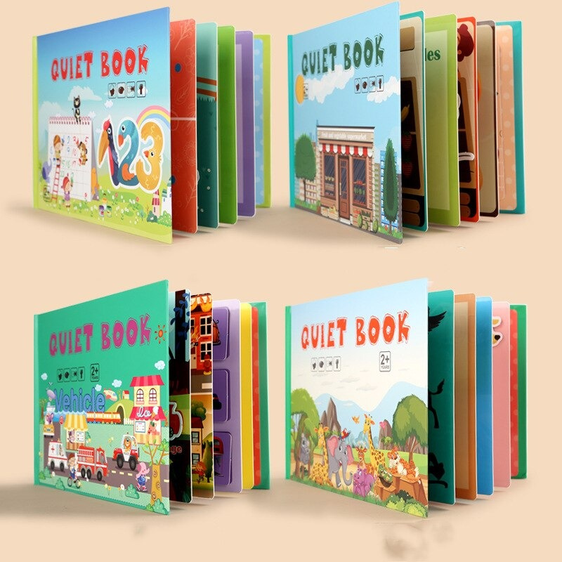 Toddler opening colorful educational quiet book, cloth pages for fine motor skills & cognitive learning toy.