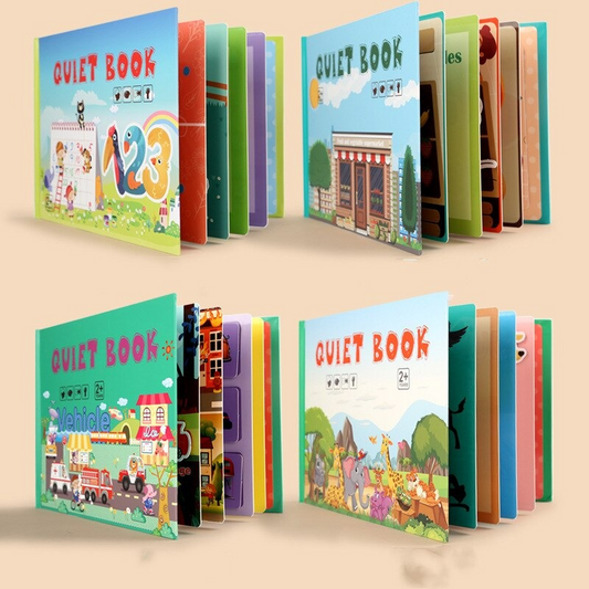 Toddler opening colorful educational quiet book, cloth pages for fine motor skills & cognitive learning toy.
