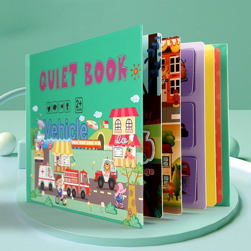 Collection of colorful pages from a quiet book display, offering diverse cognitive learning & play for kids.