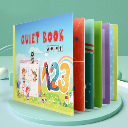 Quiet book with vibrant fabric textures and buttons, engaging toddler toy for focused, cognitive play.