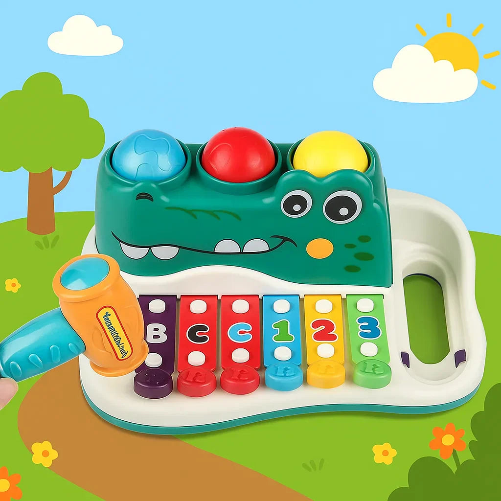 Toddler playing colorful Kids Musical Hammer Xylophone Toy, developing motor skills, and learning music.