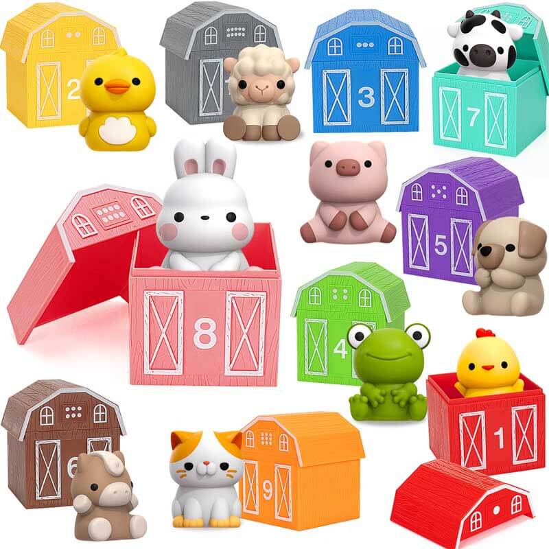 Toddler playing educational farm animal counting and matching game, Montessori toy for preschoolers.