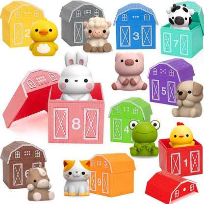 Toddler playing educational farm animal counting and matching game, Montessori toy for preschoolers.
