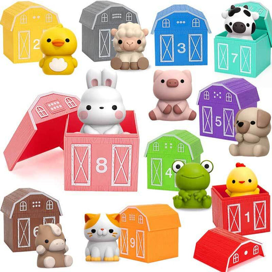 Toddler playing educational farm animal counting and matching game, Montessori toy for preschoolers.