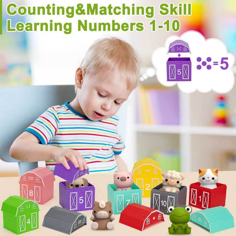Interactive farm animal counting game pieces with numbers and animal figures for child development.