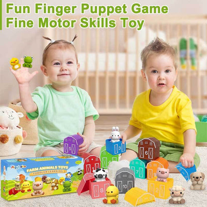 Close-up of a child's hands matching farm animal figures to numbers in a counting game.