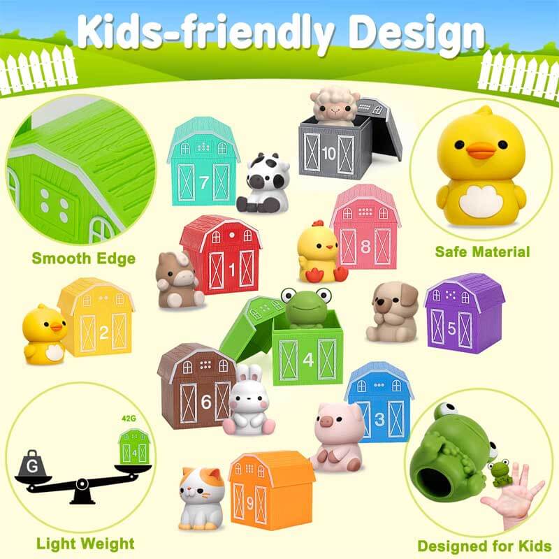 Wooden educational toy set: farm animal counting and matching game for fine motor skills.