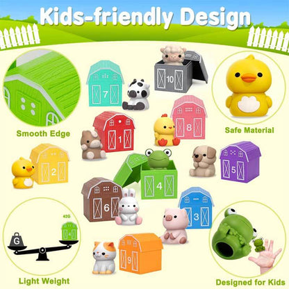 Wooden educational toy set: farm animal counting and matching game for fine motor skills.