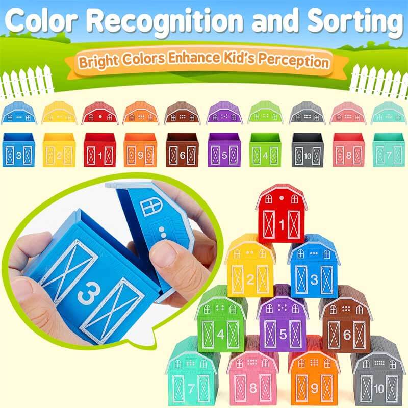 Complete set of farm animal counting and matching game, an educational toy for young children.