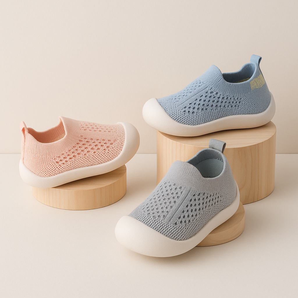 Toddler playing in soft sole non-slip sneakers, gray with white accents