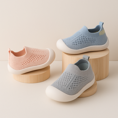 Toddler playing in soft sole non-slip sneakers, gray with white accents