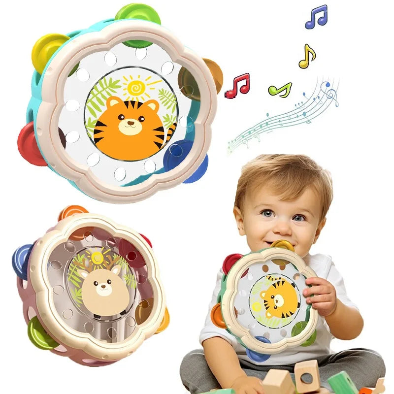Toddler playing Montessori musical hand drum, vibrant plastic toy for early learning & sensory play