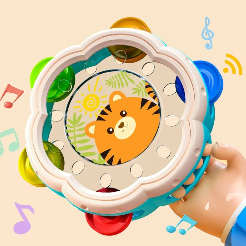 Close-up of a toddler hand drum, a colorful musical instrument toy enhancing early learning