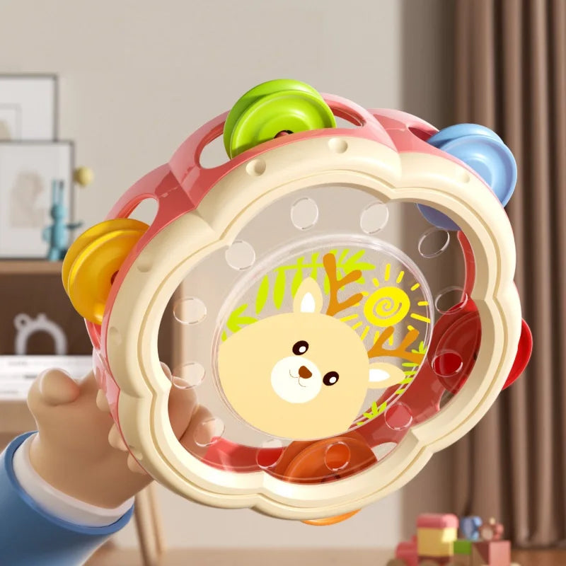 Bright plastic toddler musical hand drum, promoting Montessori sensory play and infant activities