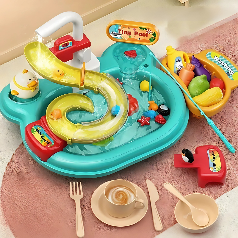 Toddler playing with 3-in-1 water fun bath toy, fishing game in sink, early learning fun
