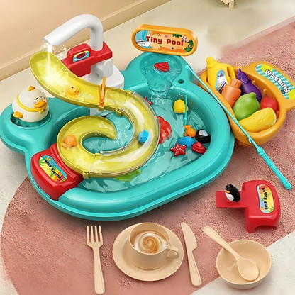 Toddler playing with 3-in-1 water fun bath toy, fishing game in sink, early learning fun