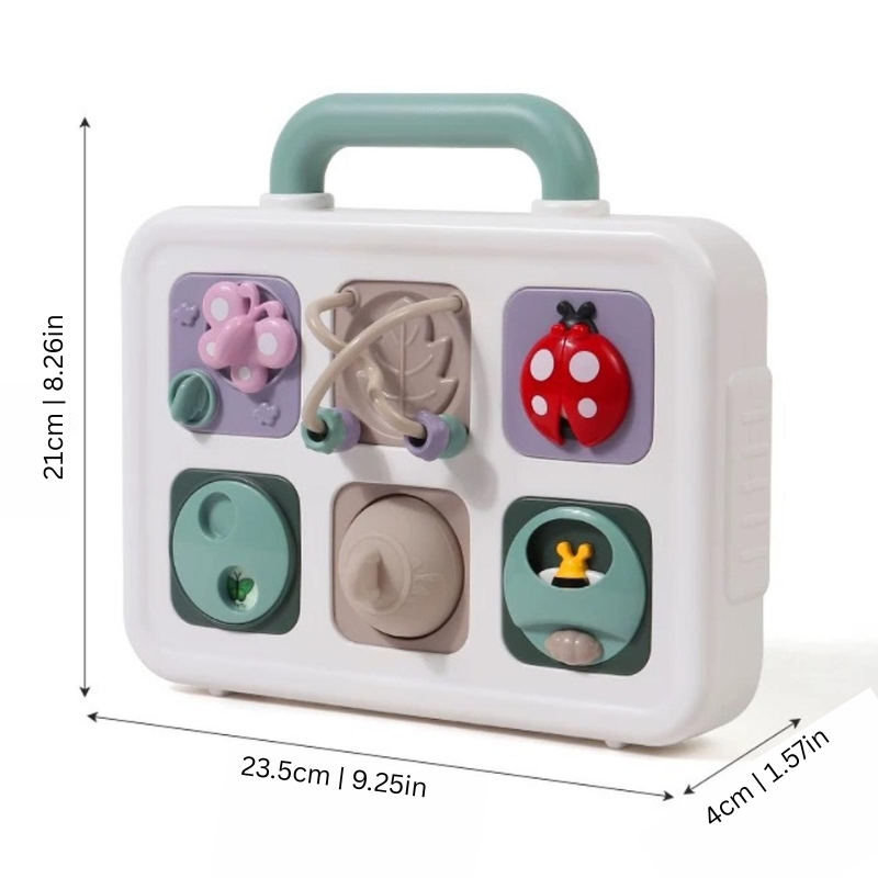 Close-up of a wooden busy board featuring various latches, gears, and textures, perfect for toddler sensory play.