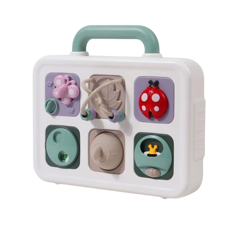 Portable toddler busy board with buckles, zippers, and a clock, designed for educational screen-free travel play.