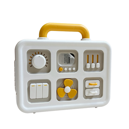 Happy child exploring a multi-functional sensory busy board, engaging in tactile and cognitive skill development.
