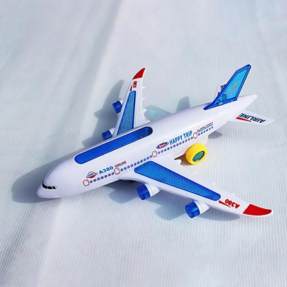 Toddler playing with a musical airplane toy featuring colorful lights and engaging sounds for early learning.