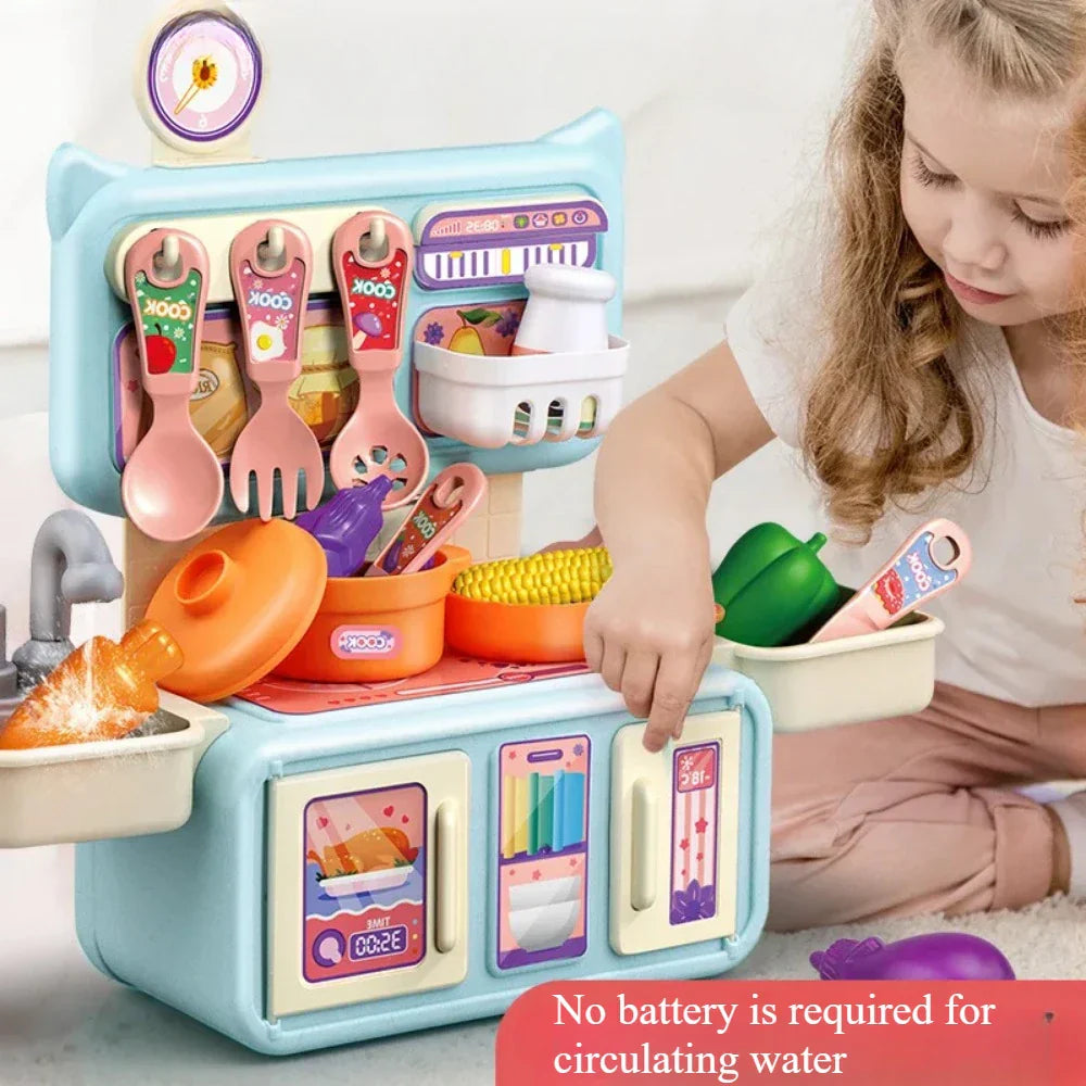 Toddler playing with a vibrant wooden play kitchen set, an educational toy for imaginative role play.