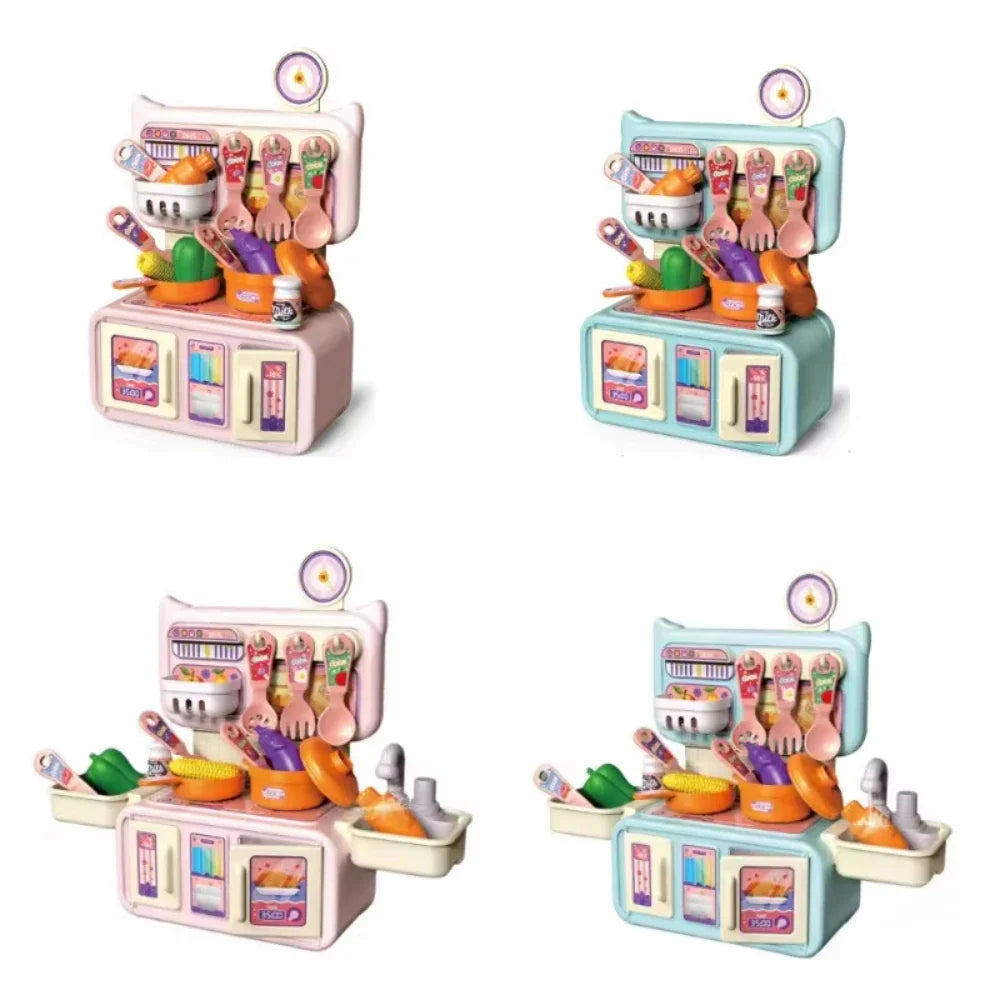 Children gleefully cooking with a colorful play kitchen, promoting creative and educational play.
