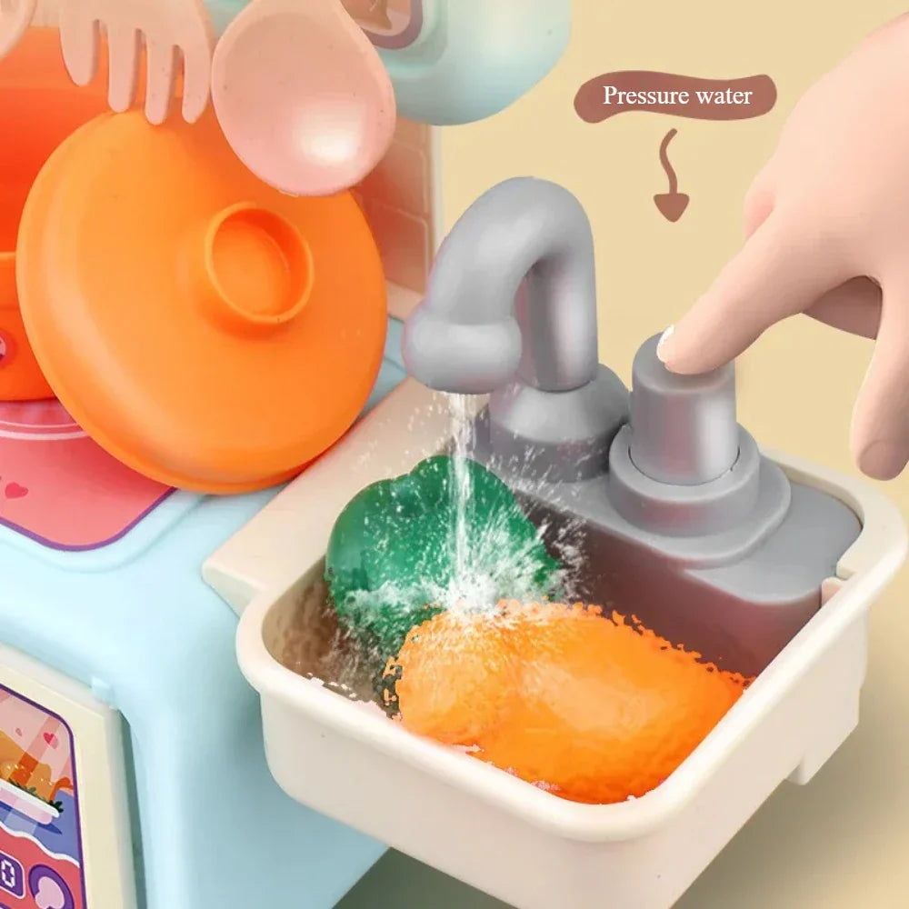 Close-up of a kids' play kitchen with miniature utensils, perfect for creative and educational role play.