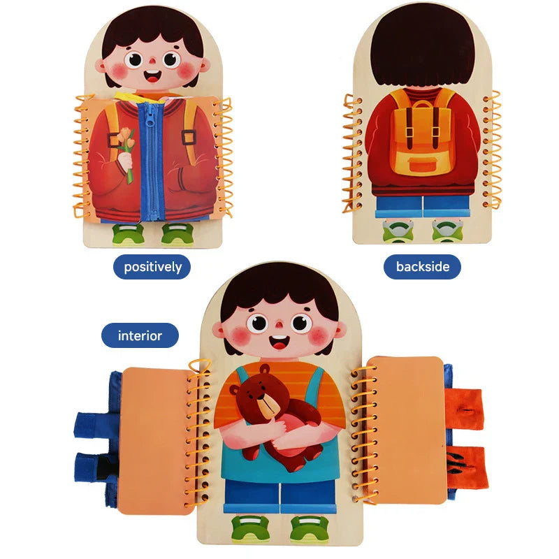 Toddler playing with a wooden sensory skill development activity board, enhancing fine motor skills