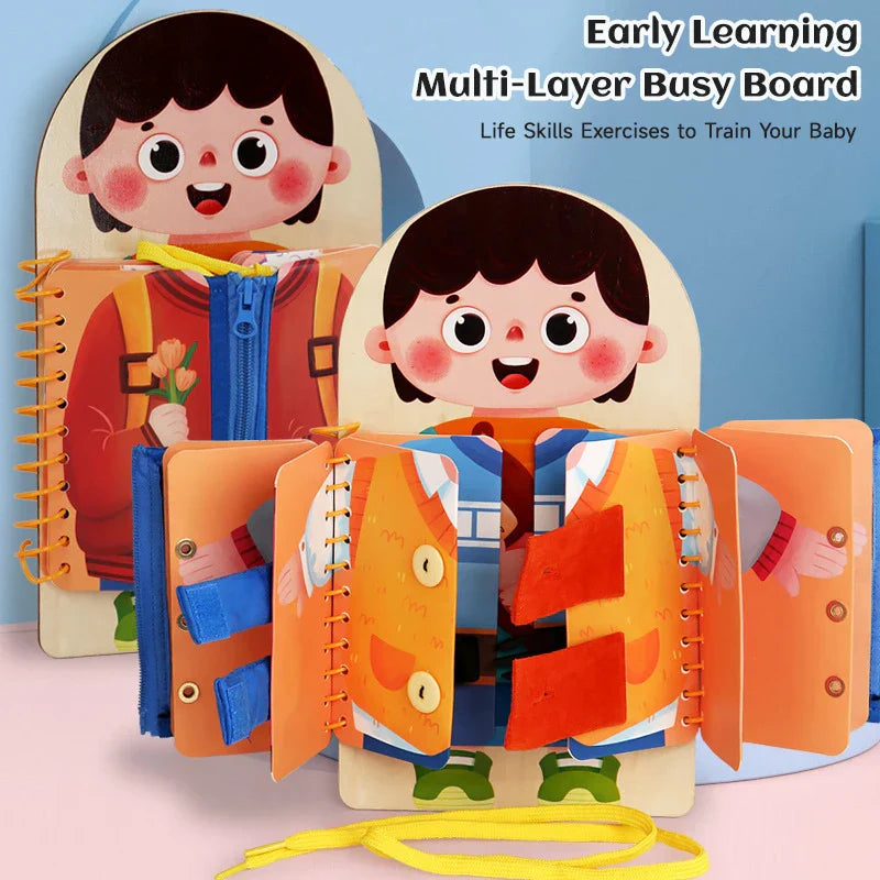 Montessori-inspired sensory activity board for children, featuring latches, gears, and textures